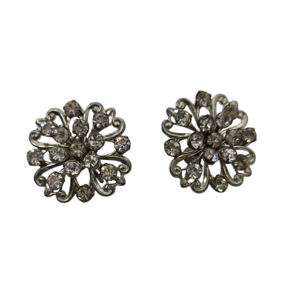 Vintage Silver-Tone Rhinestone Floral Screw Back Formal Earrings MCM Clear
